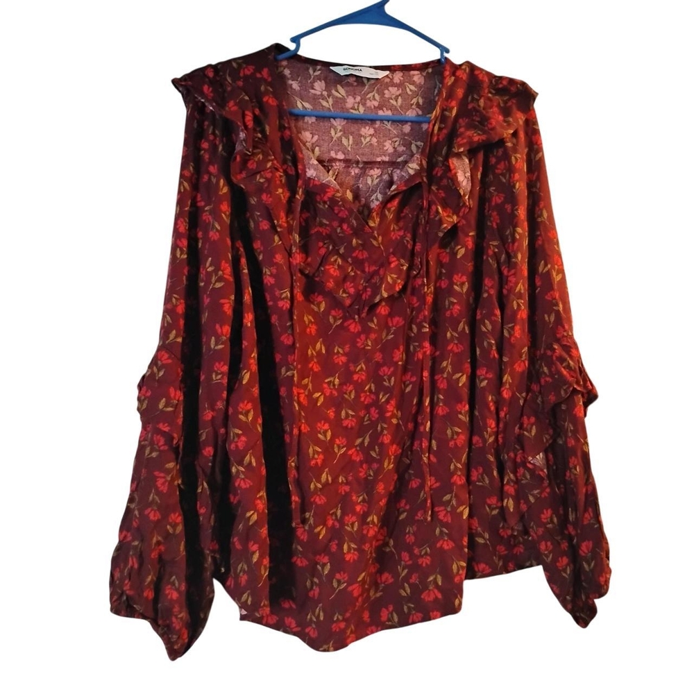 Sonoma Red Ruffled Floral Pattern Long Sleeve Blouse Boho Coquette Cute